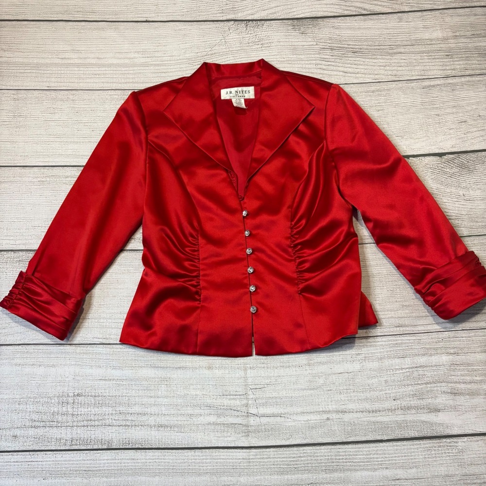 Vintage JR Nites by Caliendo Red Satin Rhinestone Ruched Formal Blazer Jacket 10